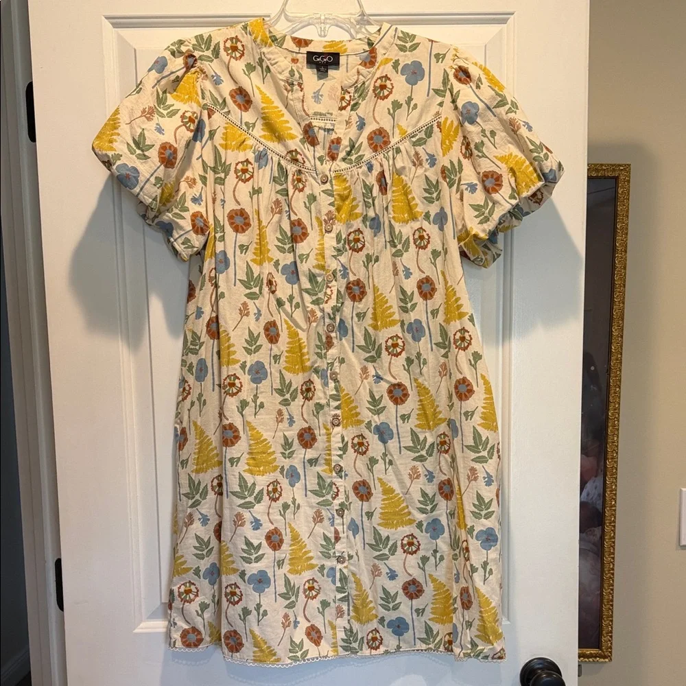 GiGiO USA Cream Floral Button-Down Dress with Yellow & Blue Motifs - Picture 1 of 3